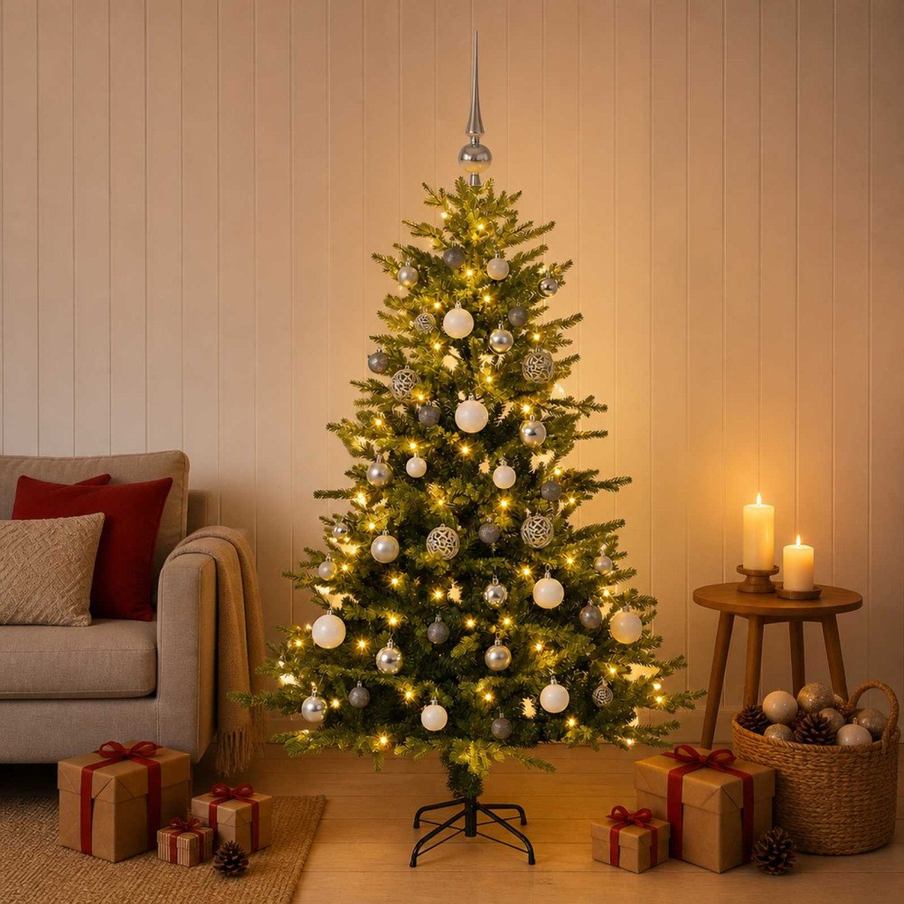 vidaXL Konstgjord julgran med kulor 120 cm 150 LED-lampor Varmvit