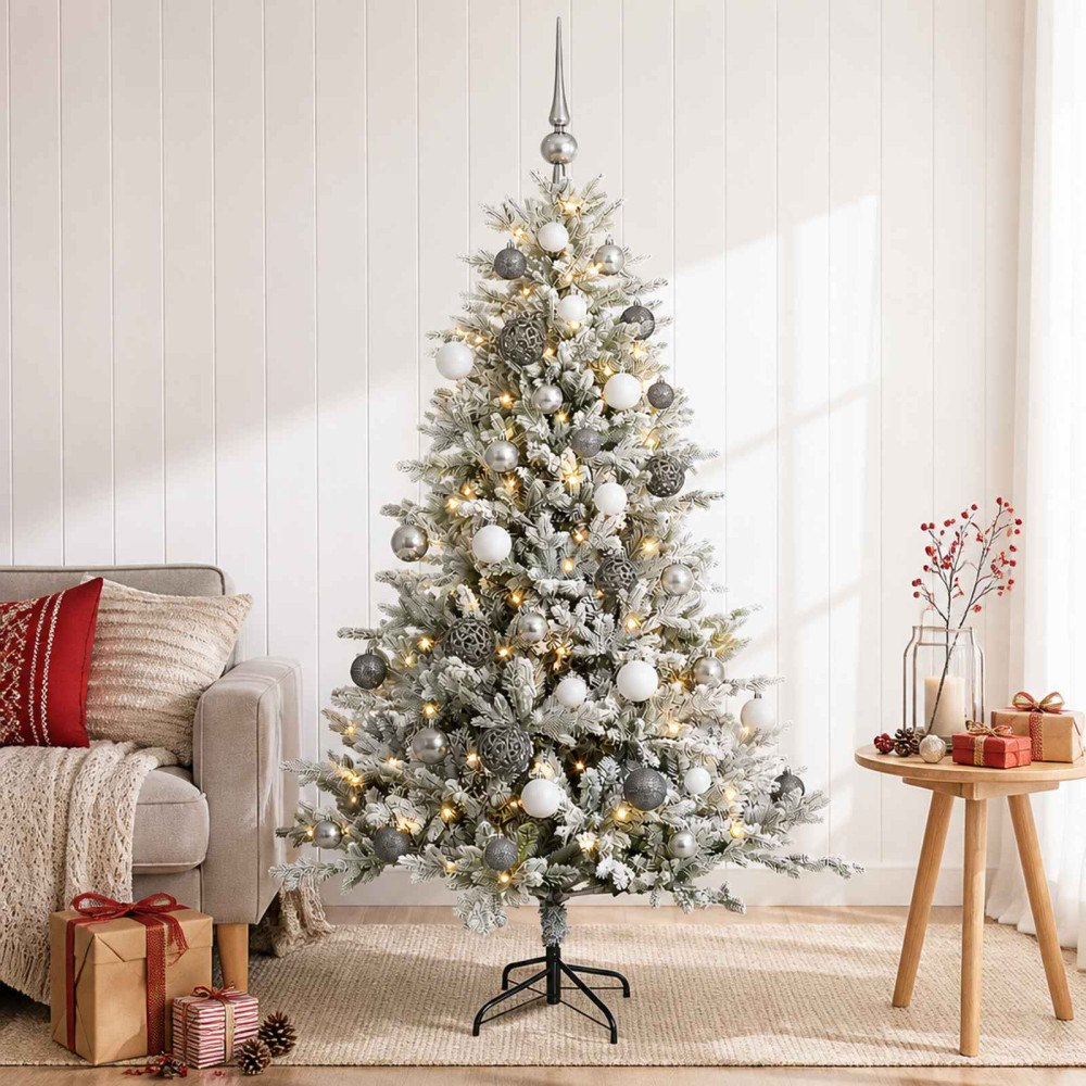 vidaXL Konstgjord julgran med kulor 120 cm 150 LED-lampor Varmvit