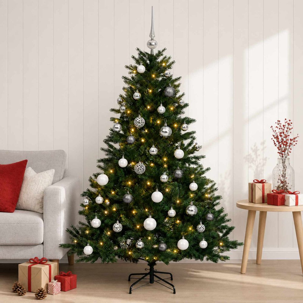 vidaXL Konstgjord julgran med julkulor 120 cm 150 LED-lampor Varmvit