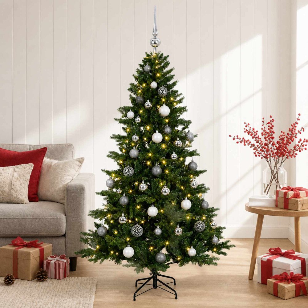 vidaXL Konstgjord julgran med julkulor 150 cm 150 LED-lampor Varmvit