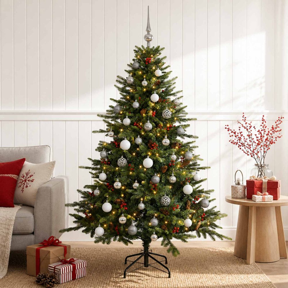 vidaXL Konstgjord julgran med julkulor 150 cm 150 LED-lampor Varmvit