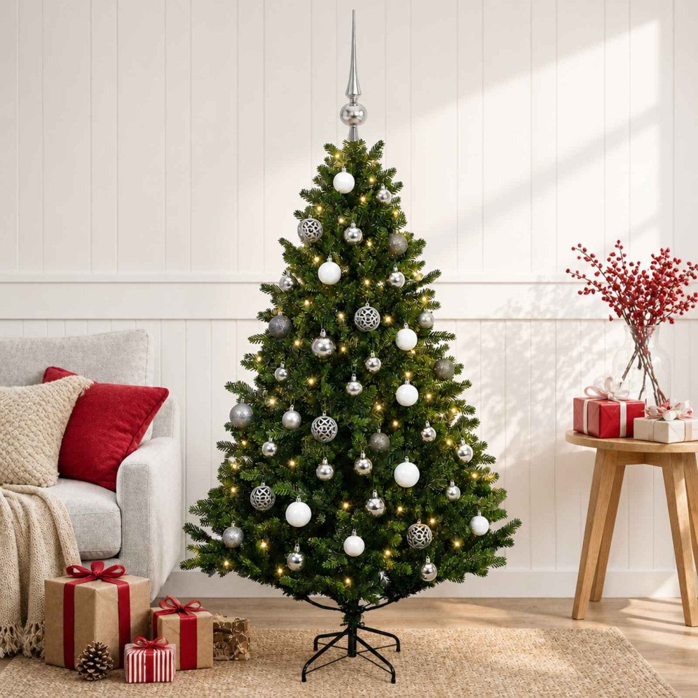 vidaXL Konstgjord julgran med kulor 150 cm 150 LED-lampor Varmvit