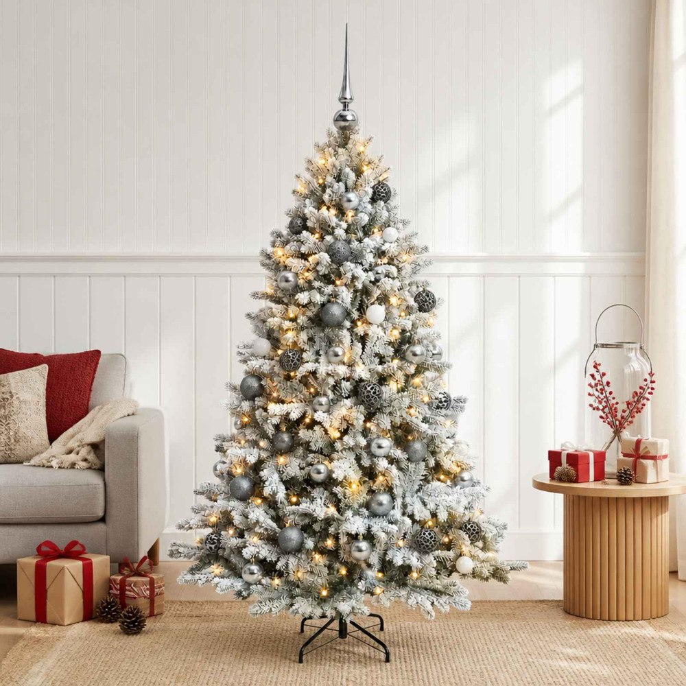 vidaXL Konstgjord julgran med kulor 150 cm 150 LED-lampor Varmvit