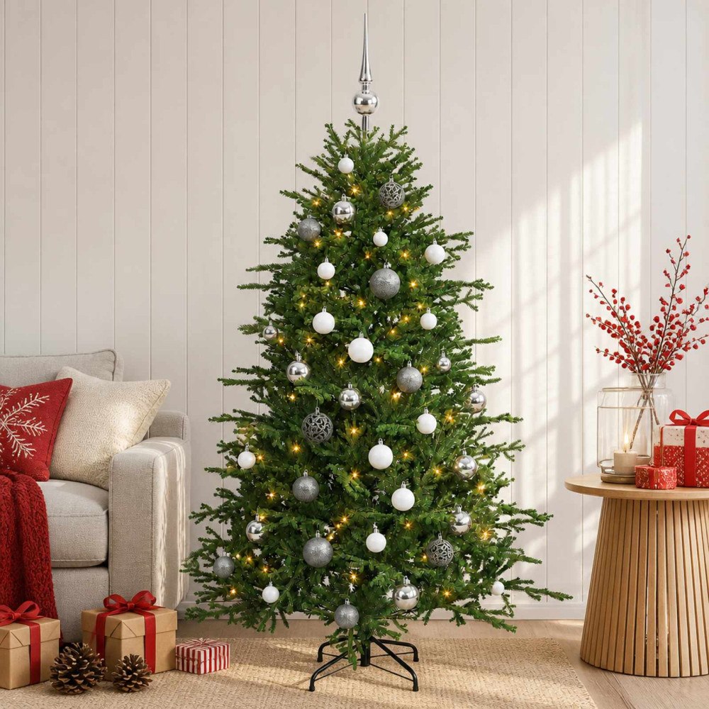 vidaXL Konstgjord julgran med julkulor 150 cm 150 LED-lampor Varmvit
