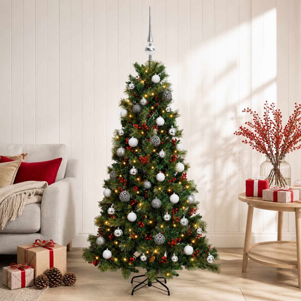 vidaXL Konstgjord julgran med julkulor 150 cm 150 LED-lampor Varmvit