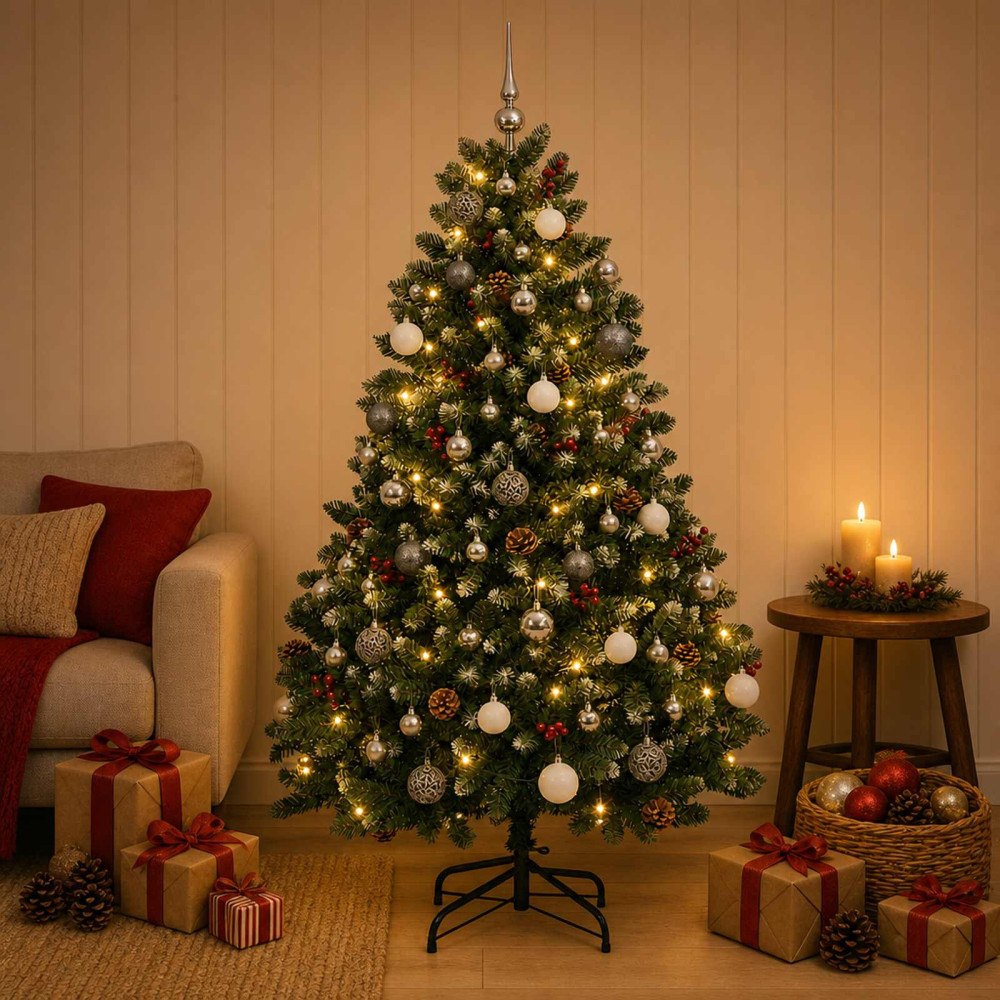 vidaXL Konstgjord julgran grön med julkulor 150 cm 150 LED-lampor