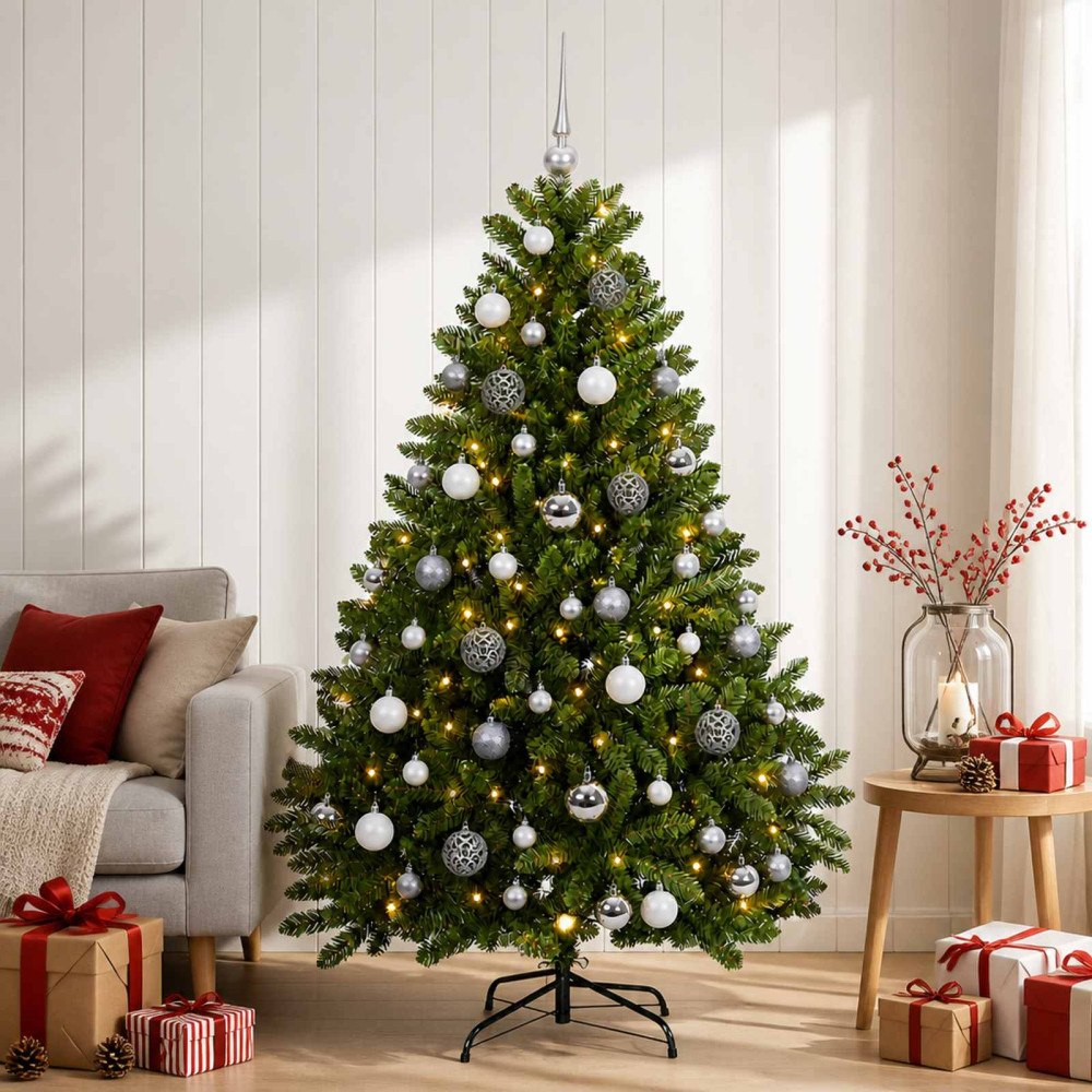 vidaXL Konstgjord julgran ljusgrön med julkulor 120 cm 150 LED-lampor