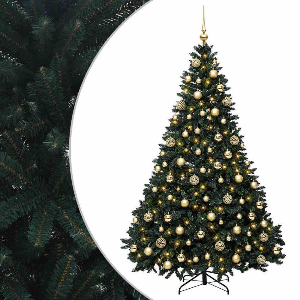vidaXL Konstgjord julgran mörkgrön med julkulor 240 cm 300 LED-lampor