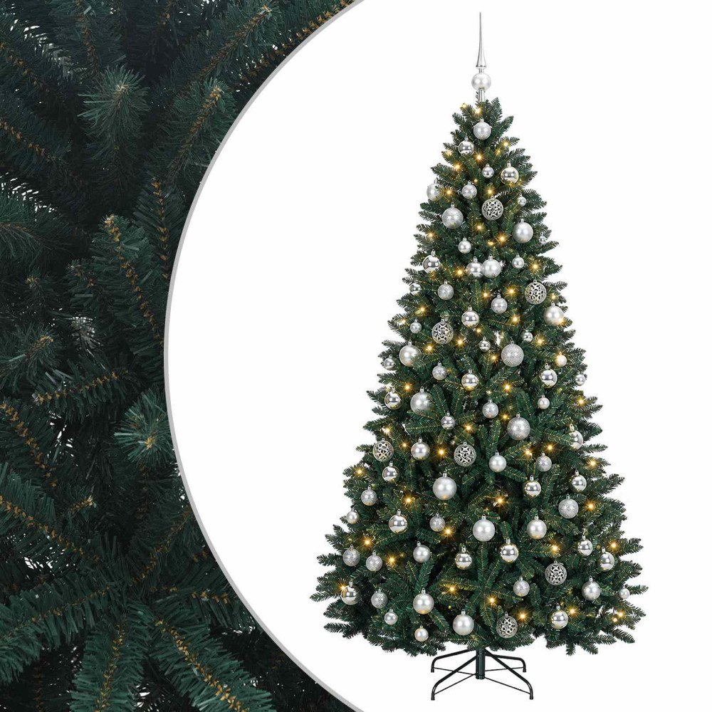 vidaXL Konstgjord julgran mörkgrön med julkulor 180 cm 300 LED-lampor