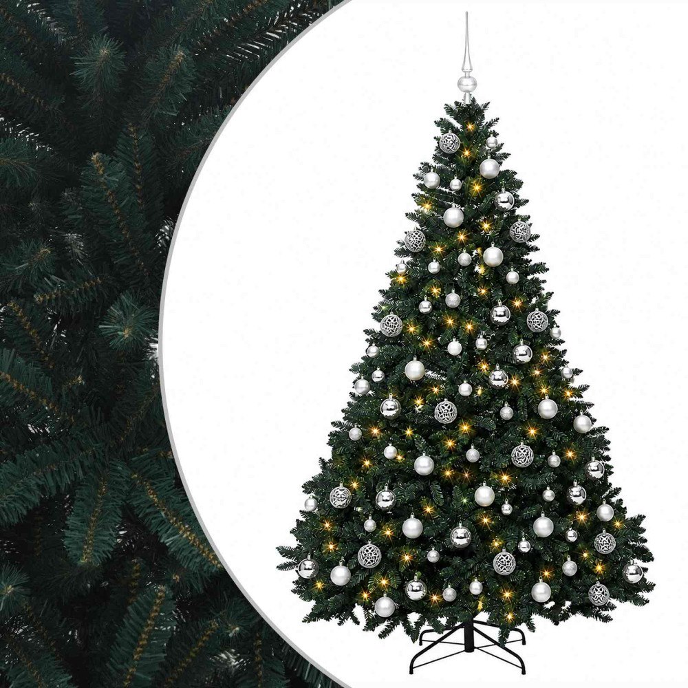 vidaXL Konstgjord julgran mörkgrön med julkulor 240 cm 300 LED-lampor