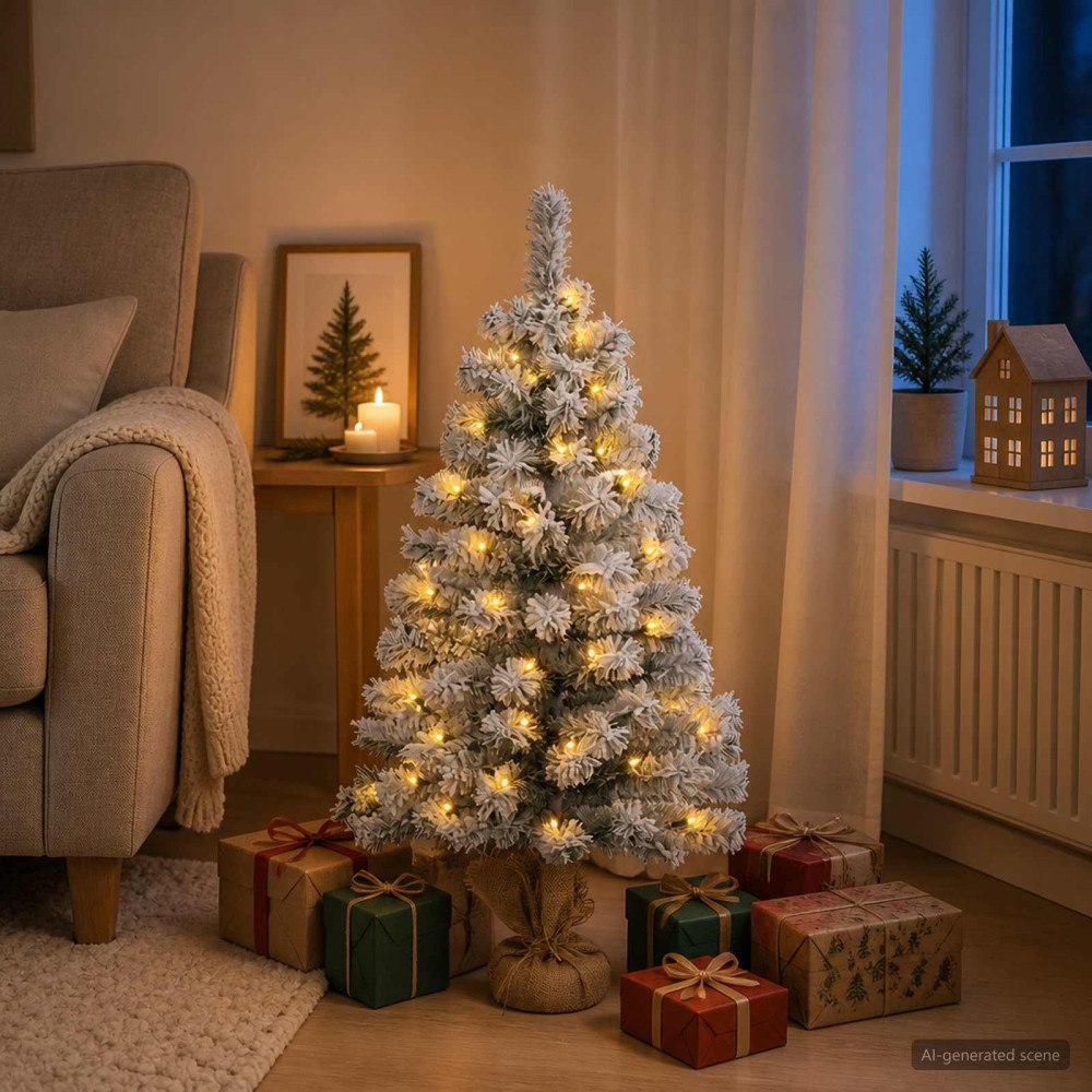 vidaXL Flockad mini-julgran 90 cm 50 LED-lampor Varmvit PVC