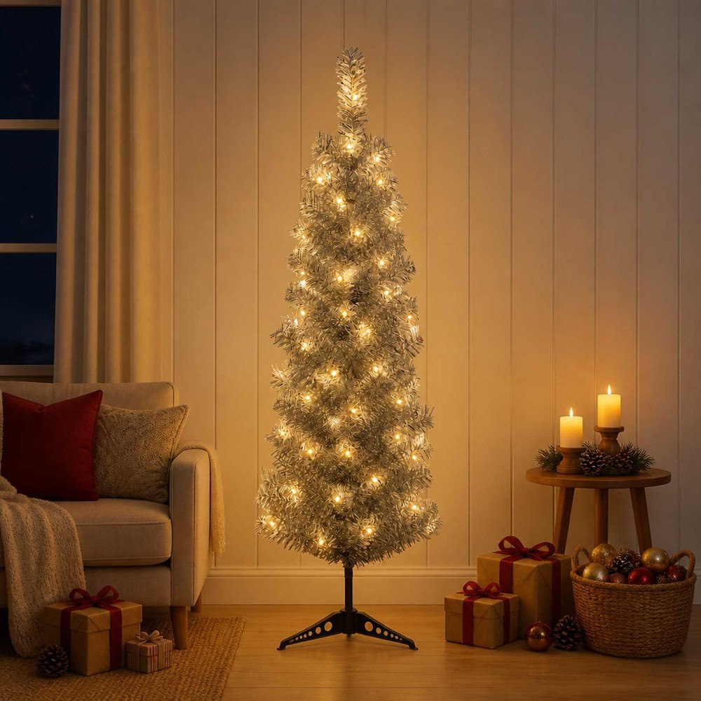 vidaXL Konstgjort smalt julträd 150 cm 150 LED-lampor Varmvit
