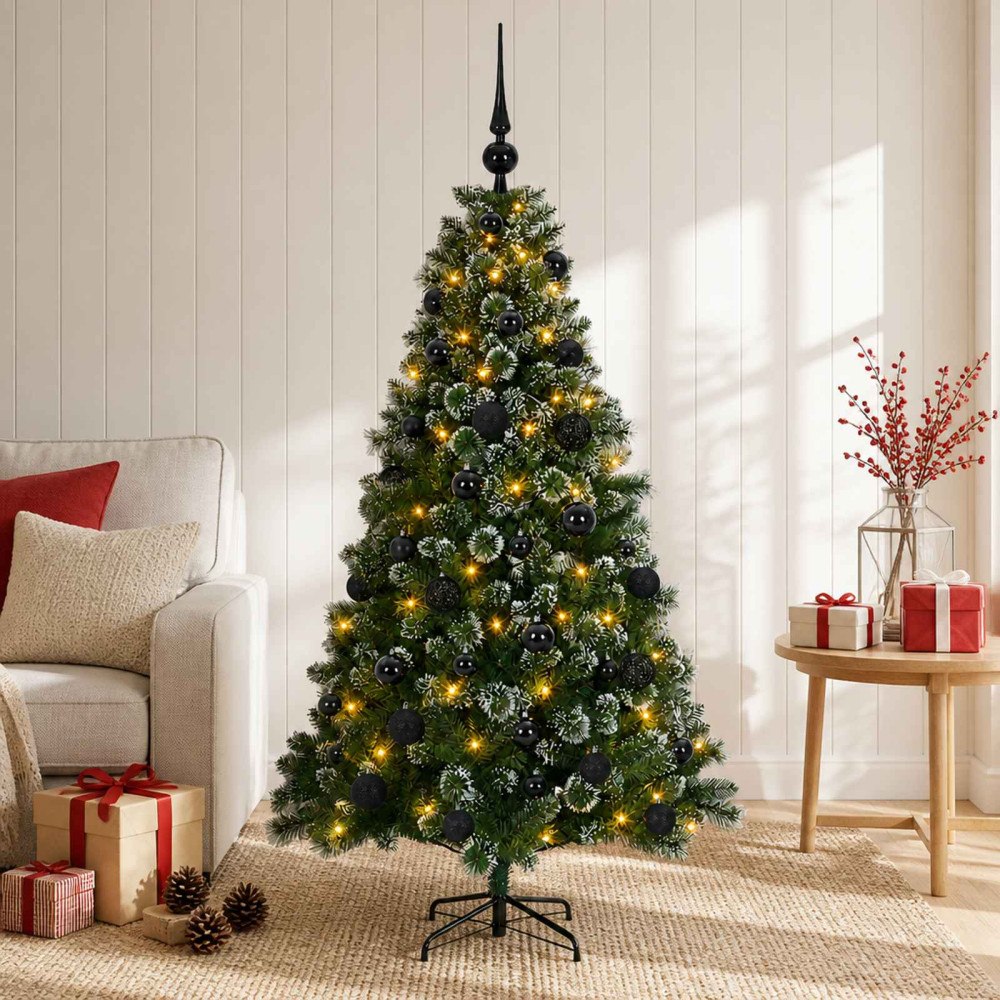 vidaXL Konstgjord julgran med julkulor 150 cm 150 LED-lampor Varmvit