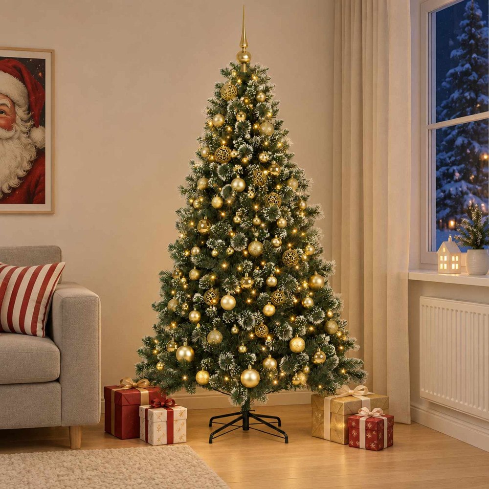 vidaXL Konstgjord julgran med julkulor 210 cm 300 LED-lampor Varmvit