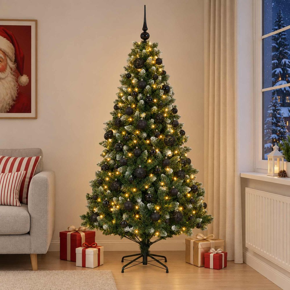 vidaXL Konstgjord julgran med kulor 240 cm 300 LED-lampor Varmvit