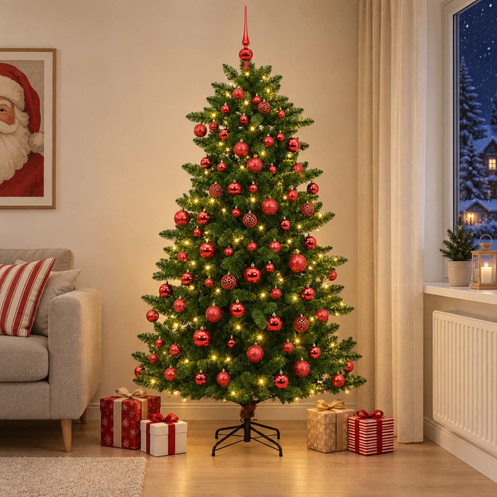 vidaXL Konstgjord julgran med kulor 240 cm 300 LED-lampor Varmvit
