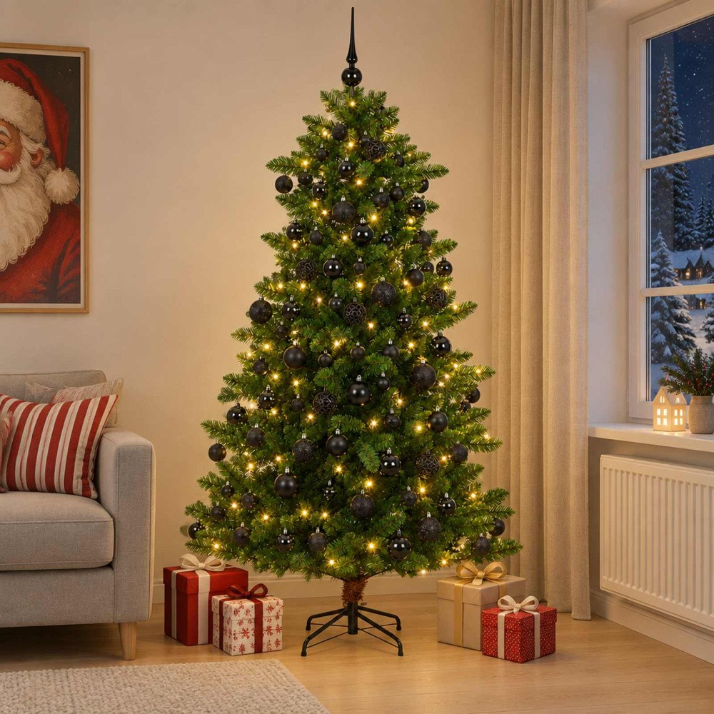 vidaXL Konstgjord julgran med kulor 180 cm 300 LED-lampor Varmvit