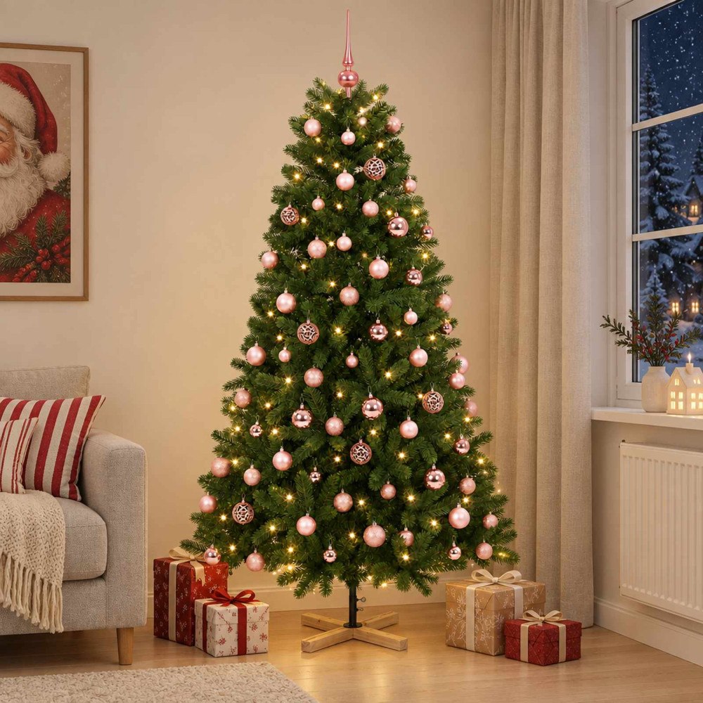 vidaXL Konstgjord julgran med julkulor 180 cm 300 LED-lampor Varmvit