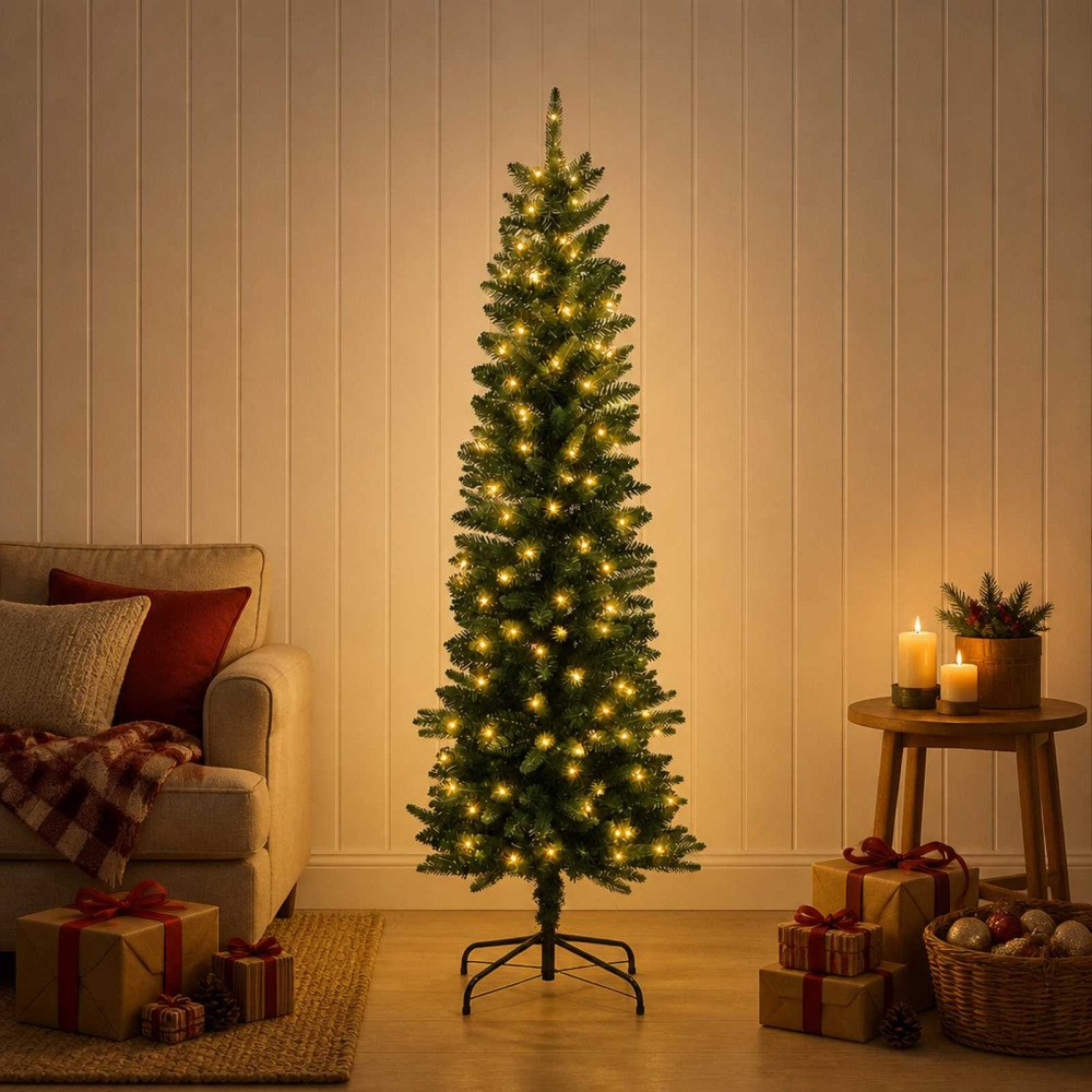 vidaXL Konstgjort smalt julträd 120 cm 150 LED-lampor Varmvit