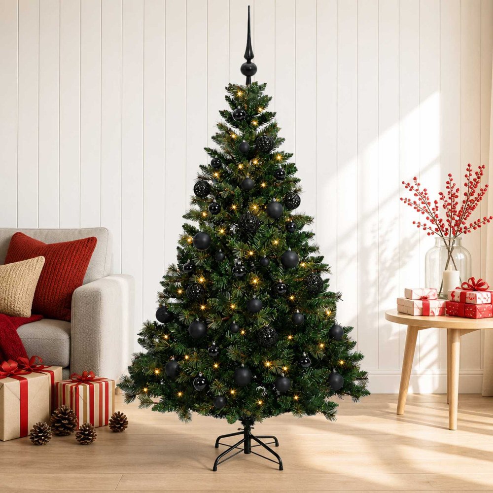 vidaXL Konstgjord julgran med kulor 150 cm 150 LED-lampor Varmvit