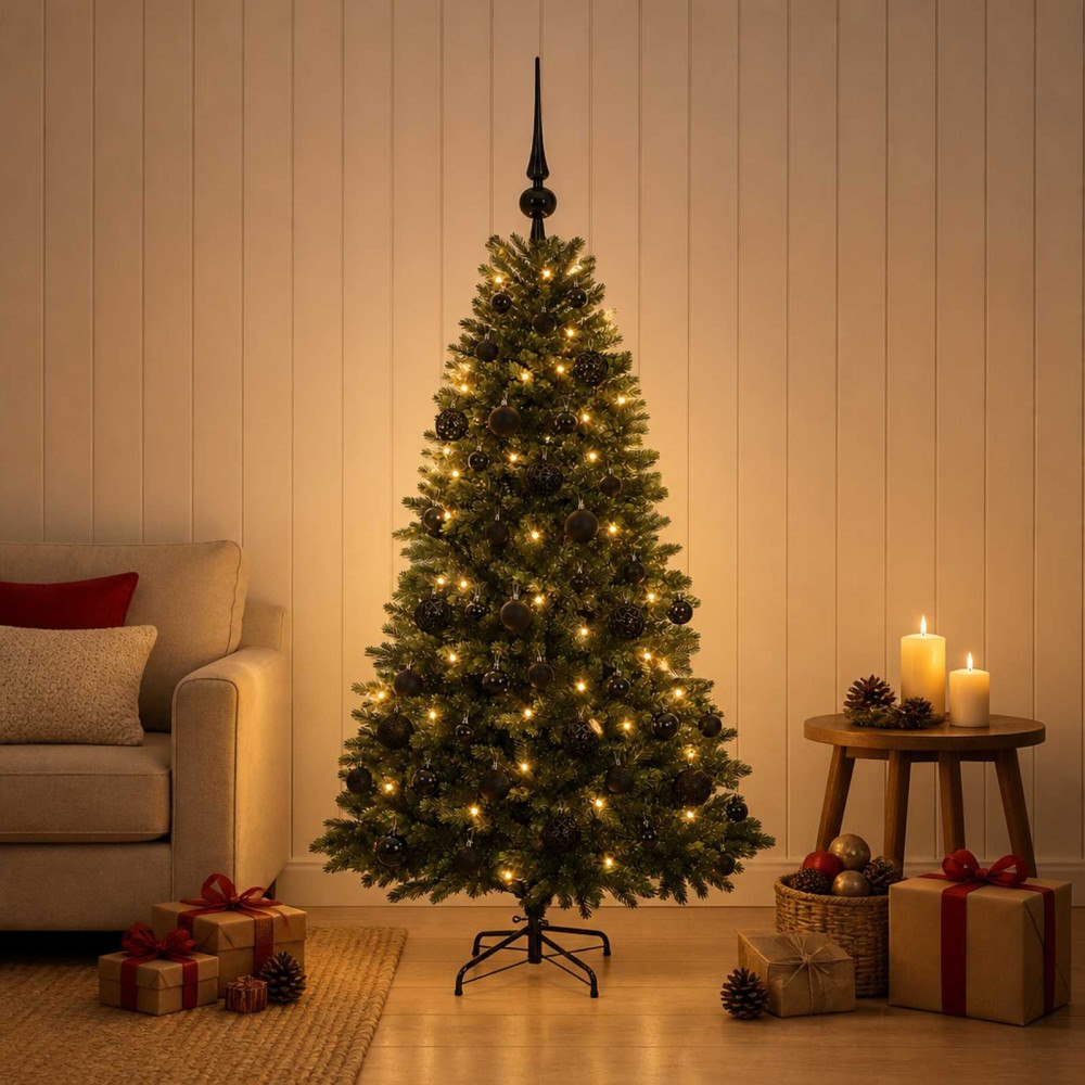 vidaXL Konstgjord julgran med kulor 120 cm 150 LED-lampor Varmvit