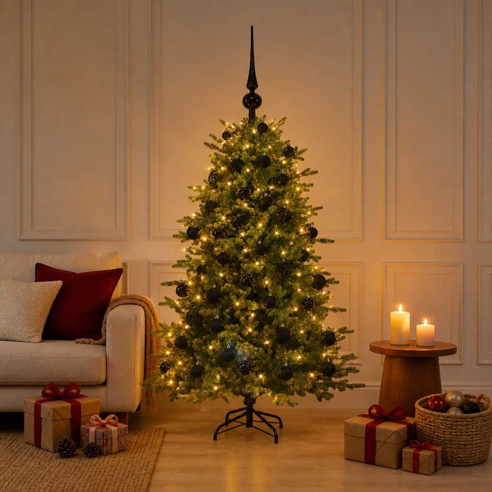 vidaXL Konstgjord julgran med julkulor 150 cm 150 LED-lampor Varmvit