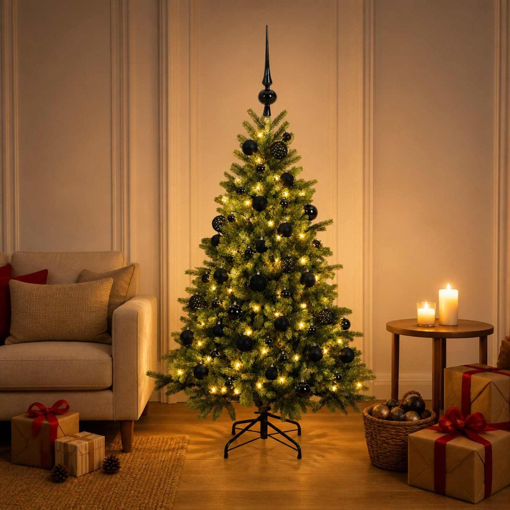 vidaXL Konstgjord julgran med julkulor 120 cm 150 LED-lampor Varmvit