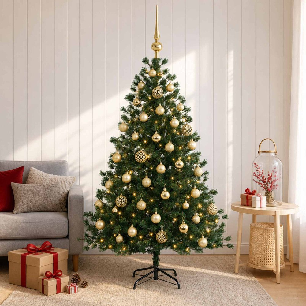 vidaXL Konstgjord julgran med julkulor 150 cm 150 LED-lampor Varmvit