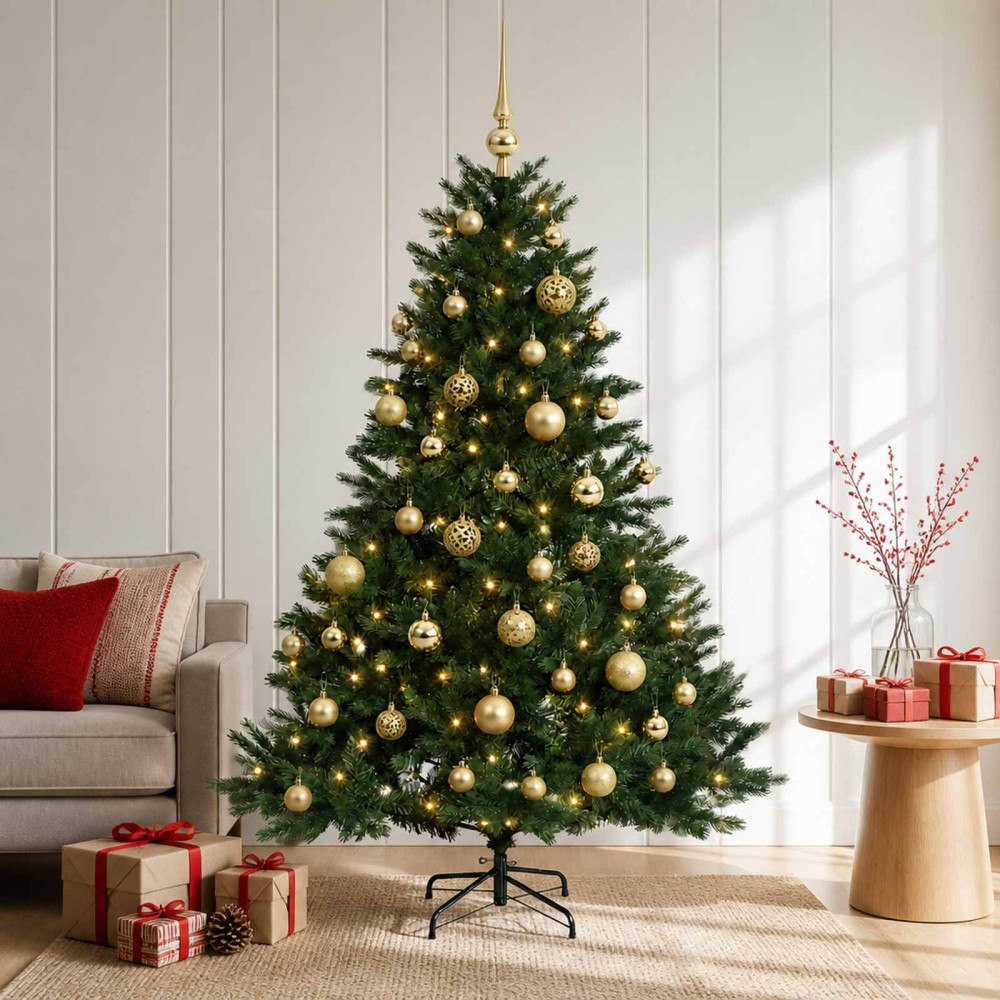 vidaXL Konstgjord julgran med julkulor 150 cm 150 LED-lampor Varmvit