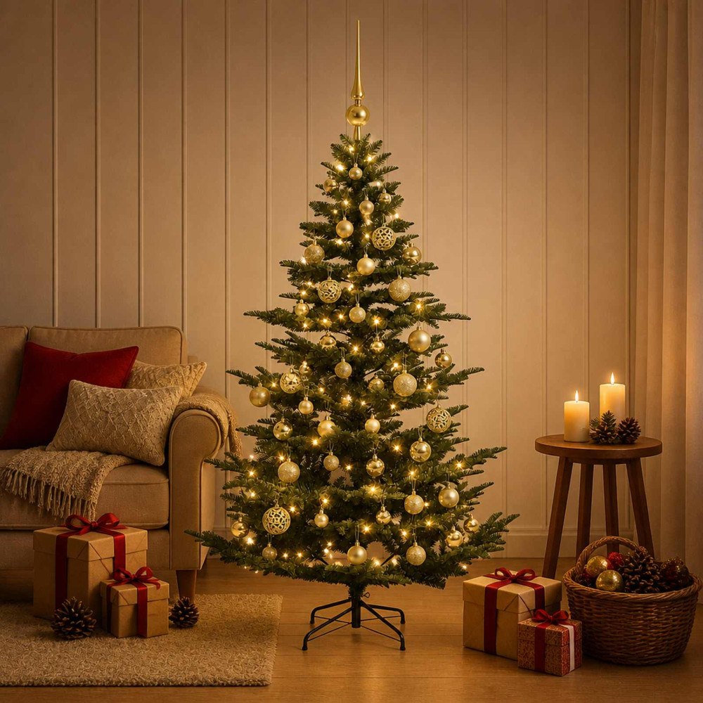 vidaXL Konstgjord julgran med julkulor 150 cm 150 LED-lampor Varmvit