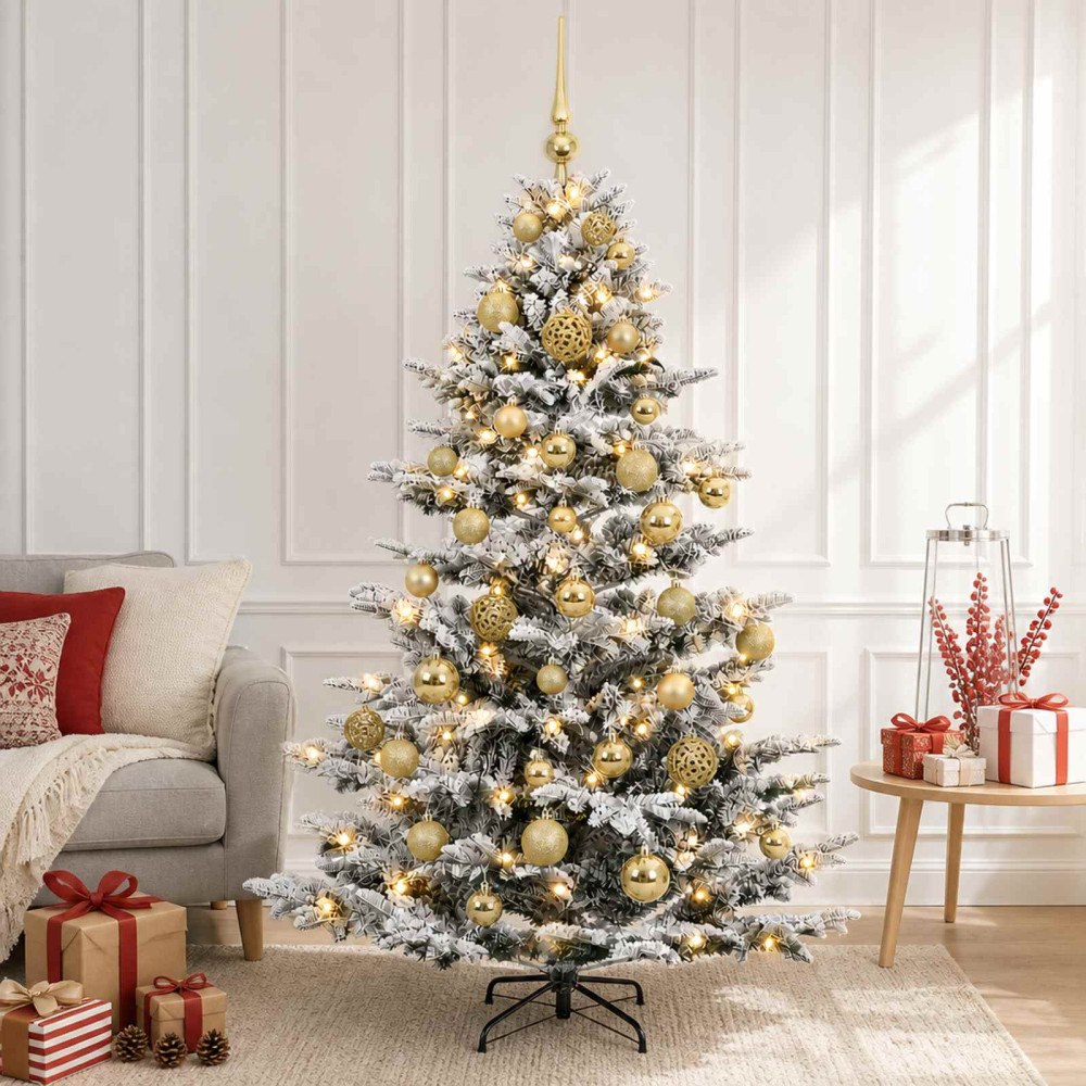 vidaXL Konstgjord julgran med julkulor 150 cm 150 LED-lampor Varmvit