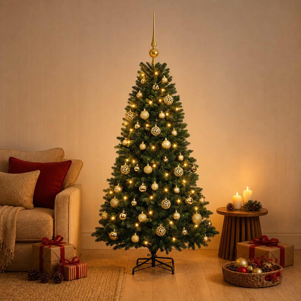 vidaXL Konstgjord julgran med kulor 120 cm 150 LED-lampor Varmvit