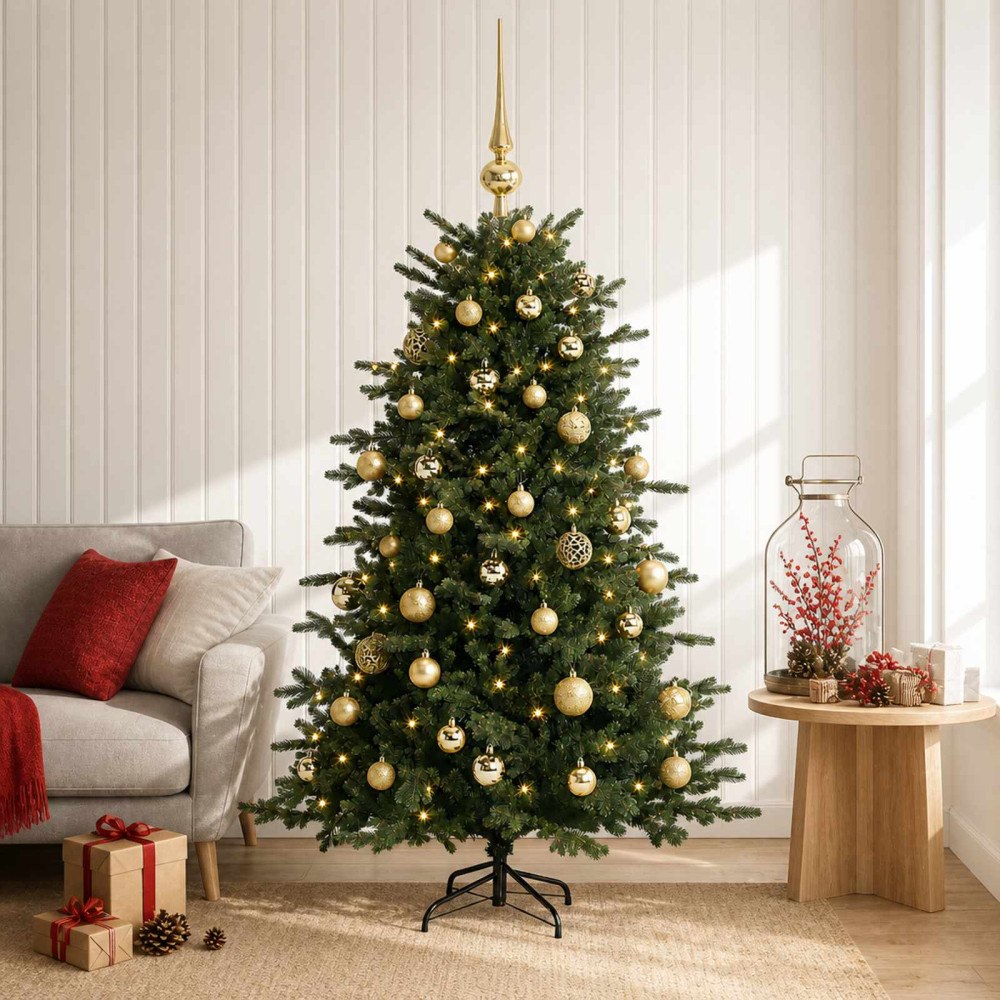 vidaXL Konstgjord julgran med julkulor 150 cm 150 LED-lampor Varmvit