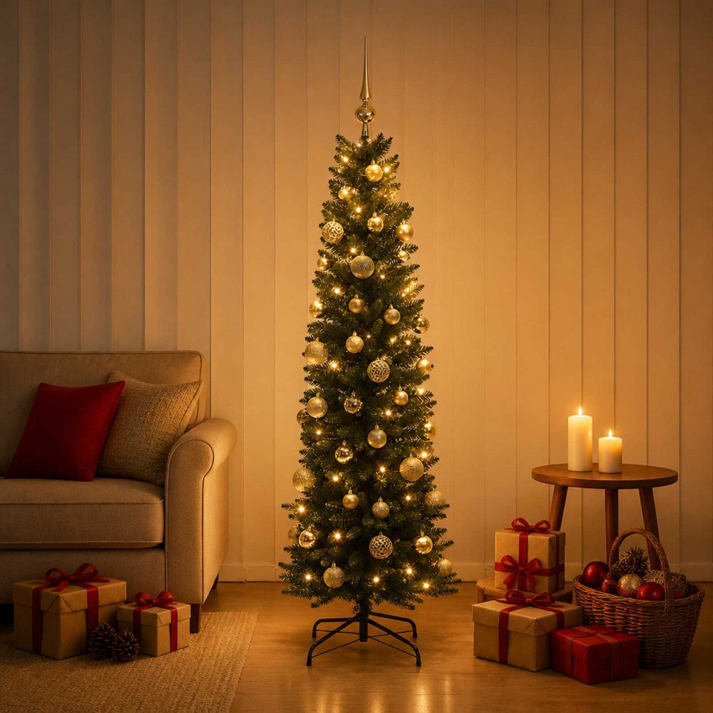 vidaXL Smal konstgjord julgran med julkulor 150 cm 150 LED-lampor