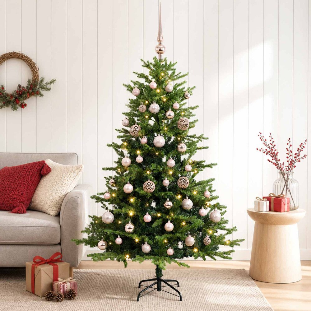 vidaXL Konstgjord julgran med kulor 120 cm 150 LED-lampor Varmvit