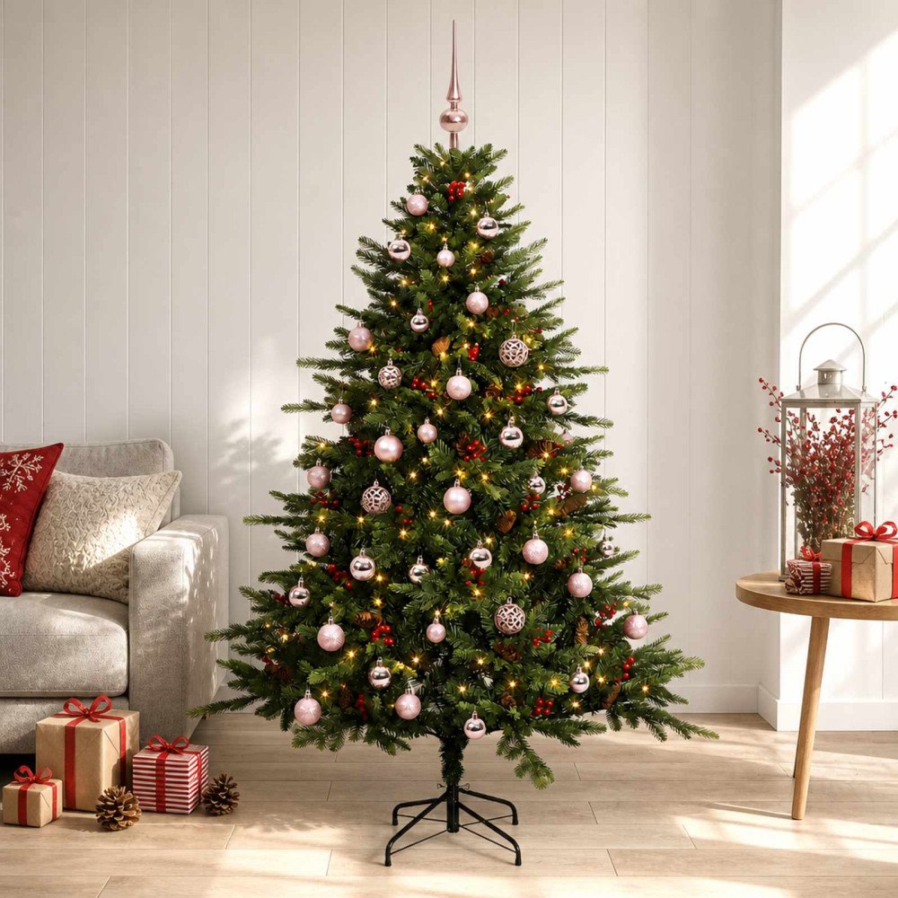 vidaXL Konstgjord julgran med julkulor 150 cm 150 LED-lampor Varmvit