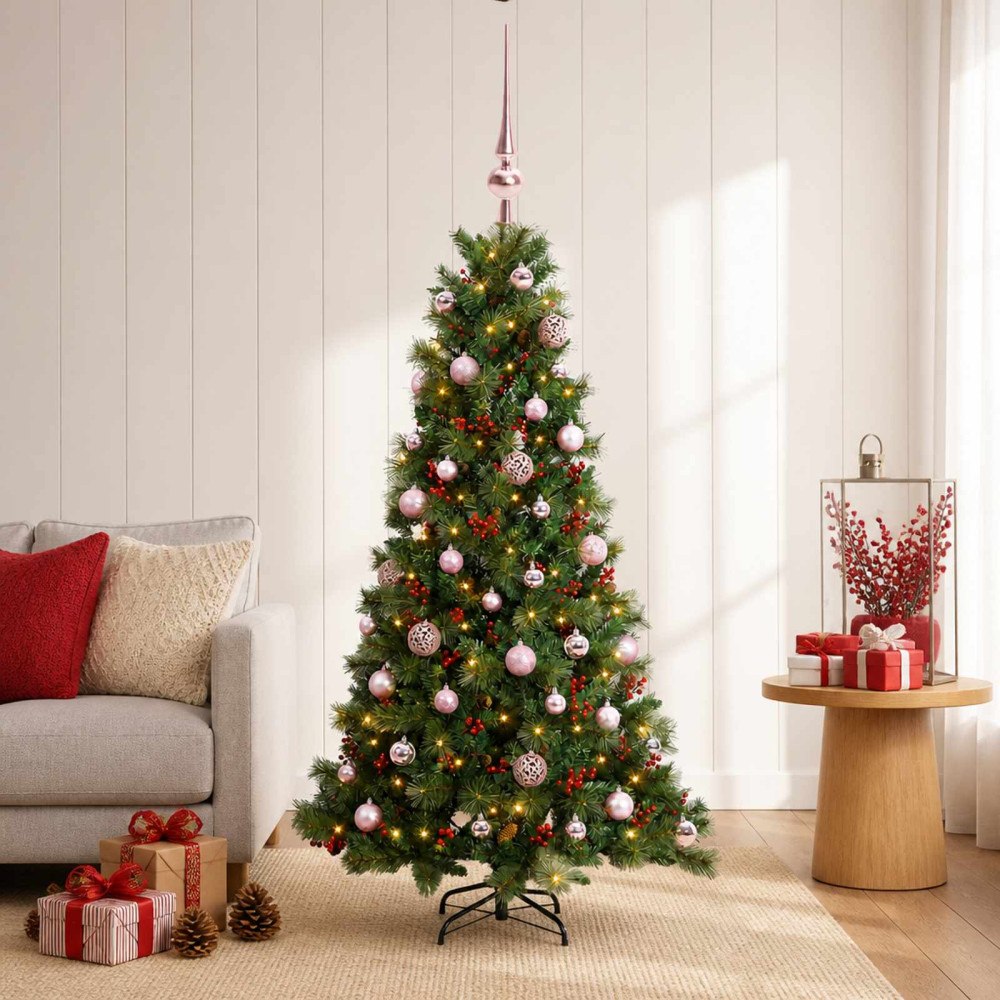 vidaXL Konstgjord julgran med julkulor 150 cm 150 LED-lampor Varmvit