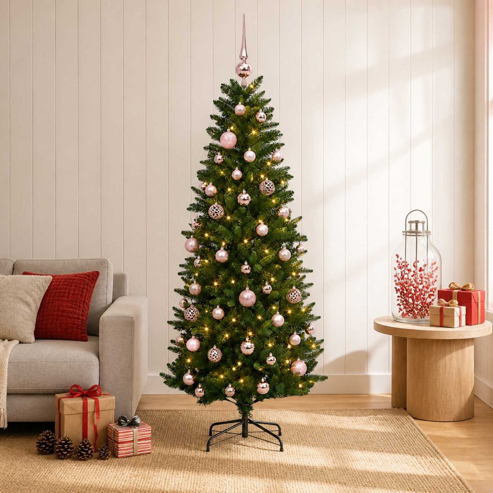 vidaXL Konstgjord julgran med julkulor 150 cm 150 LED-lampor Varmvit