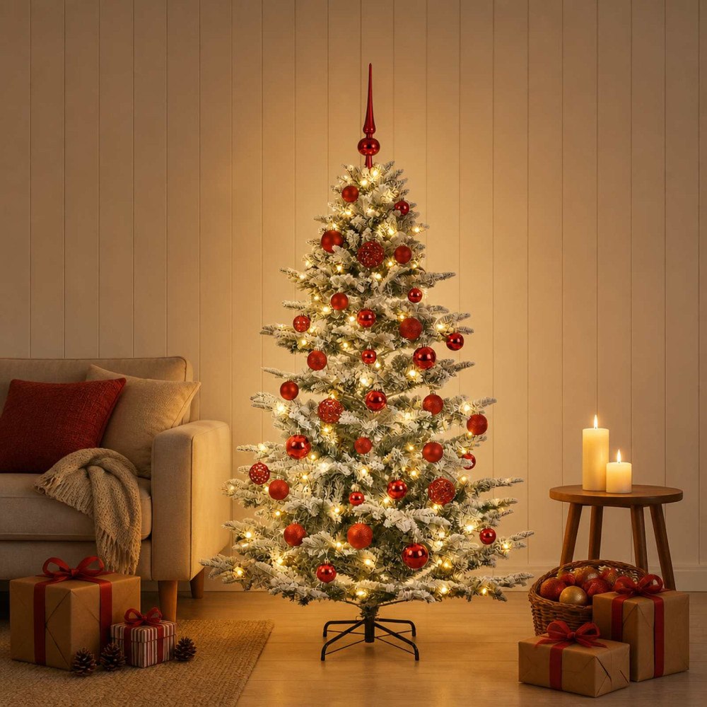 vidaXL Konstgjord julgran med julkulor 150 cm 150 LED-lampor Varmvit