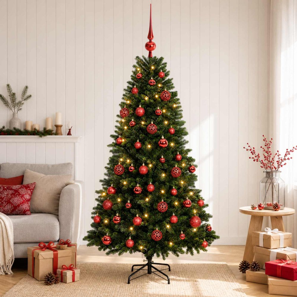 vidaXL Konstgjord julgran med kulor 120 cm 150 LED-lampor Varmvit
