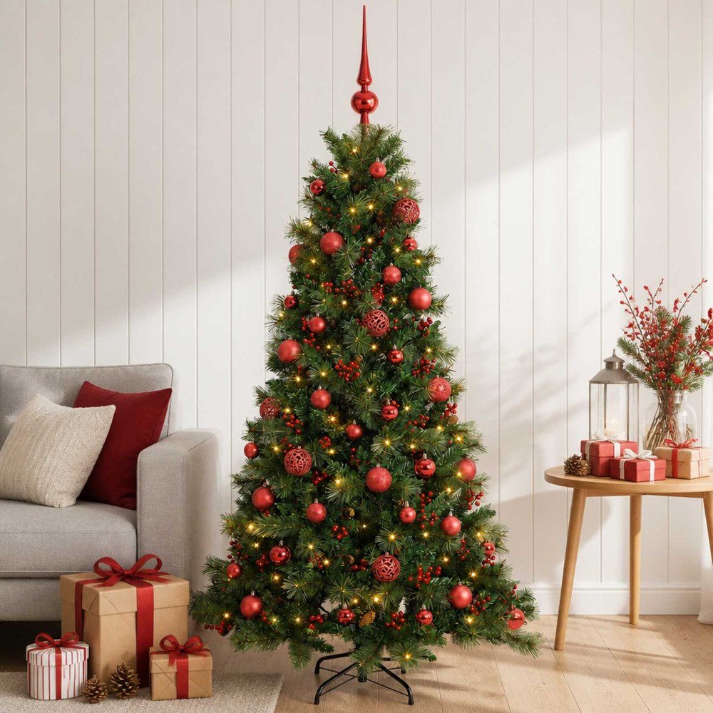 vidaXL Konstgjord julgran med julkulor 120 cm 150 LED-lampor Varmvit