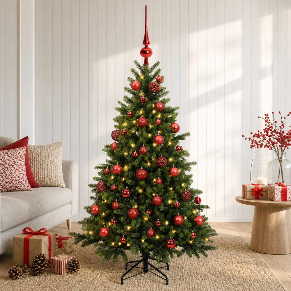 vidaXL Konstgjord julgran med julkulor 120 cm 150 LED-lampor Varmvit