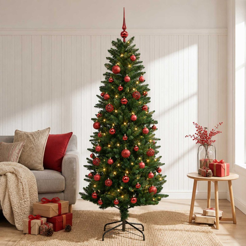 vidaXL Konstgjord julgran med kulor 120 cm 150 LED-lampor Varmvit