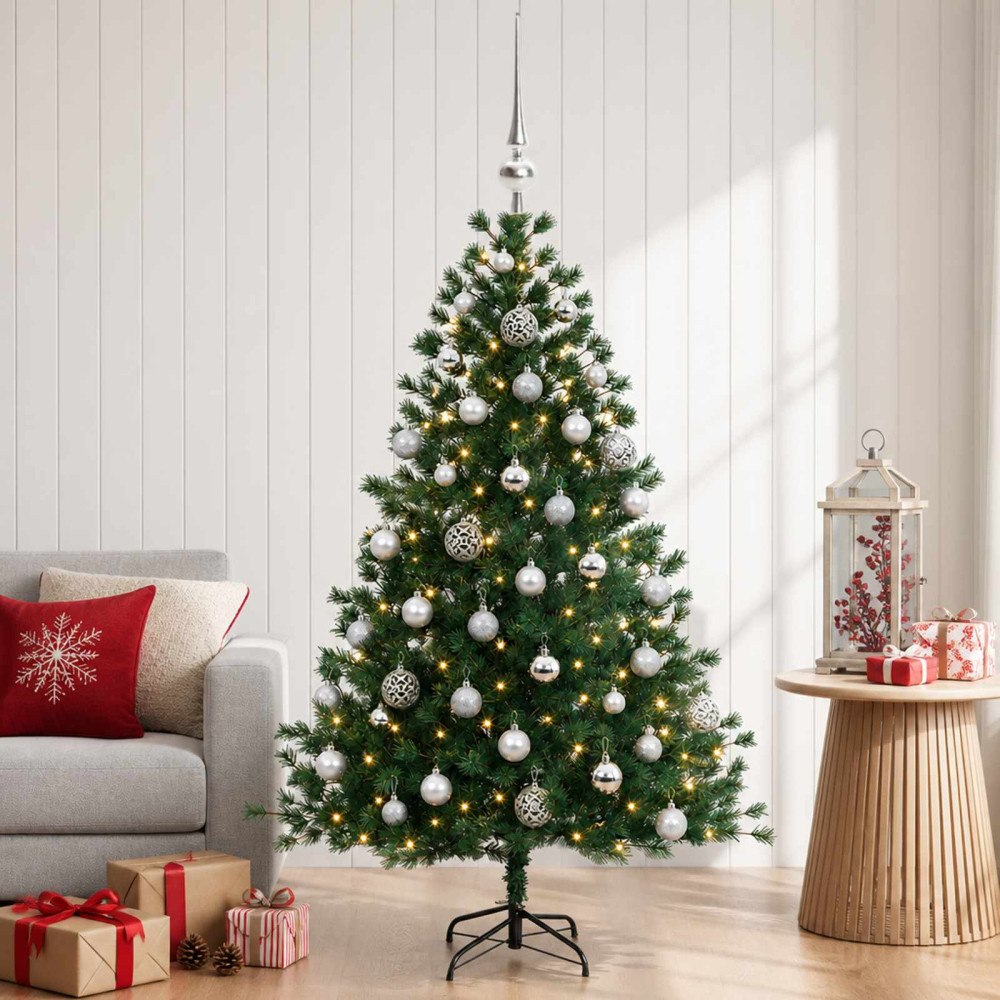 vidaXL Konstgjord julgran med julkulor 150 cm 150 LED-lampor Varmvit
