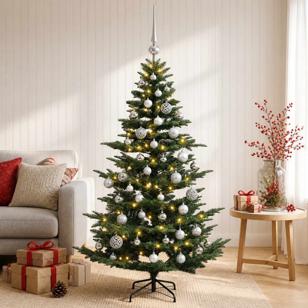 vidaXL Konstgjord julgran med julkulor 120 cm 150 LED-lampor Varmvit