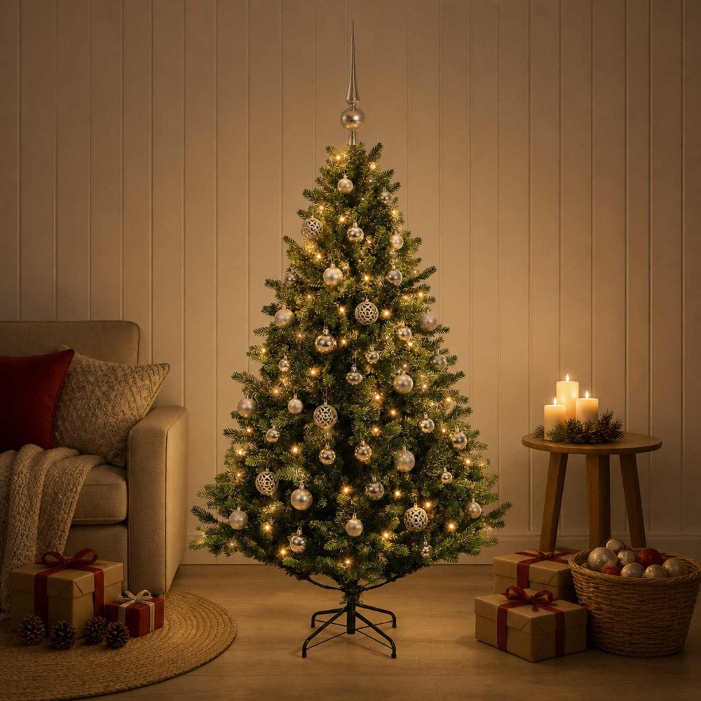 vidaXL Konstgjord julgran med kulor 150 cm 150 LED-lampor Varmvit