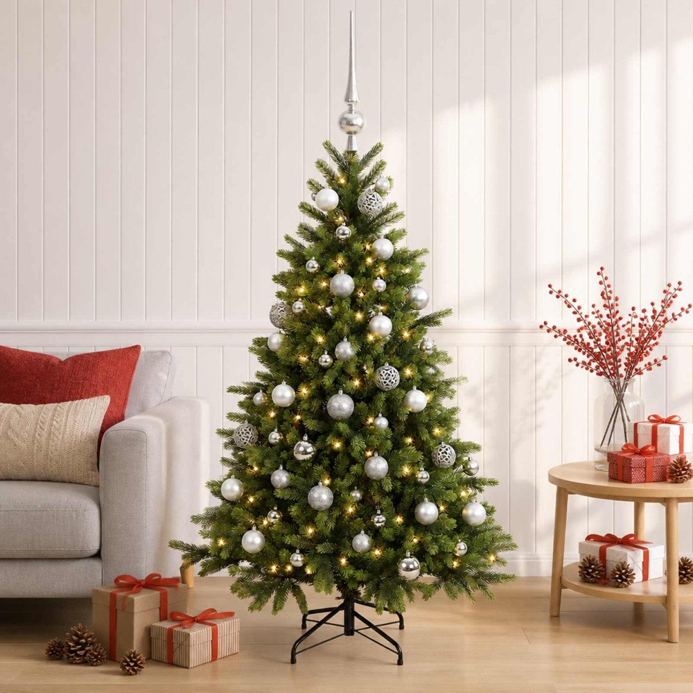 vidaXL Konstgjord julgran med julkulor 150 cm 150 LED-lampor Varmvit