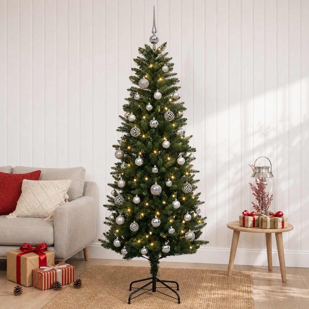 vidaXL Konstgjord julgran med julkulor 150 cm 150 LED-lampor Varmvit