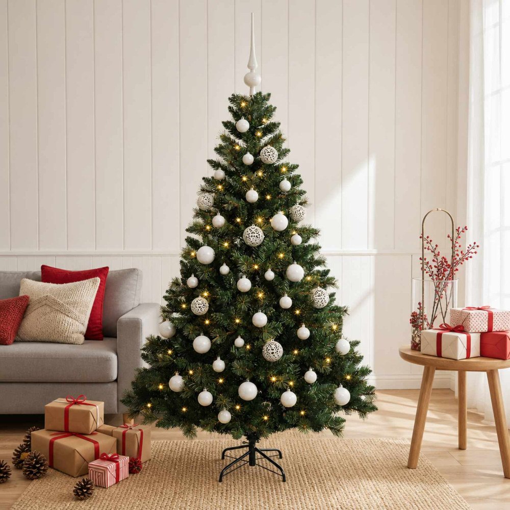 vidaXL Konstgjord julgran med kulor 150 cm 150 LED-lampor Varmvit