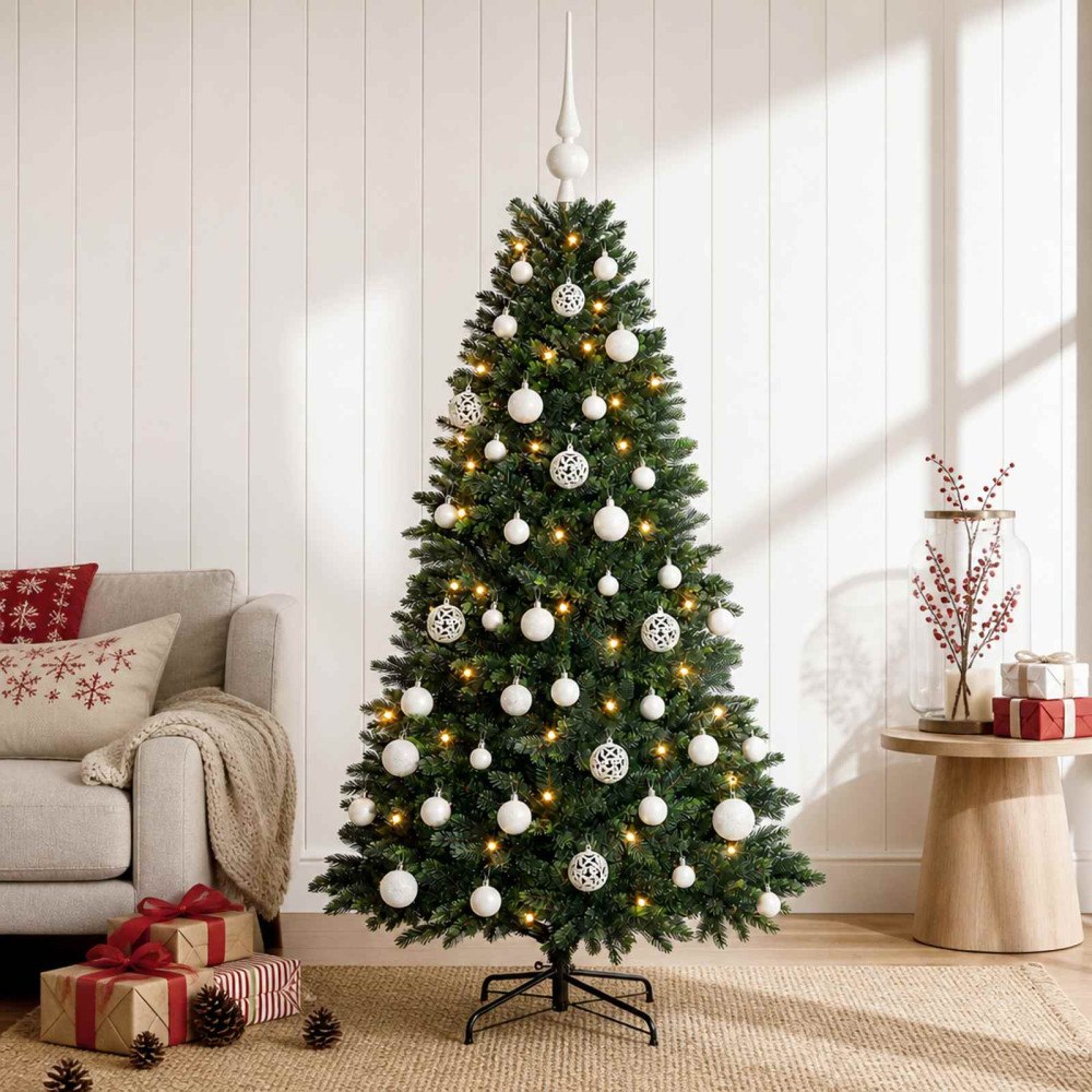 vidaXL Konstgjord julgran med kulor 120 cm 150 LED-lampor Varmvit